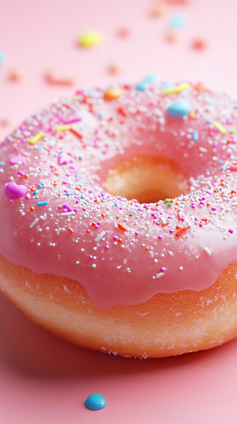 Close-up of a fluffy pink glazed donut with candy sprinkles.