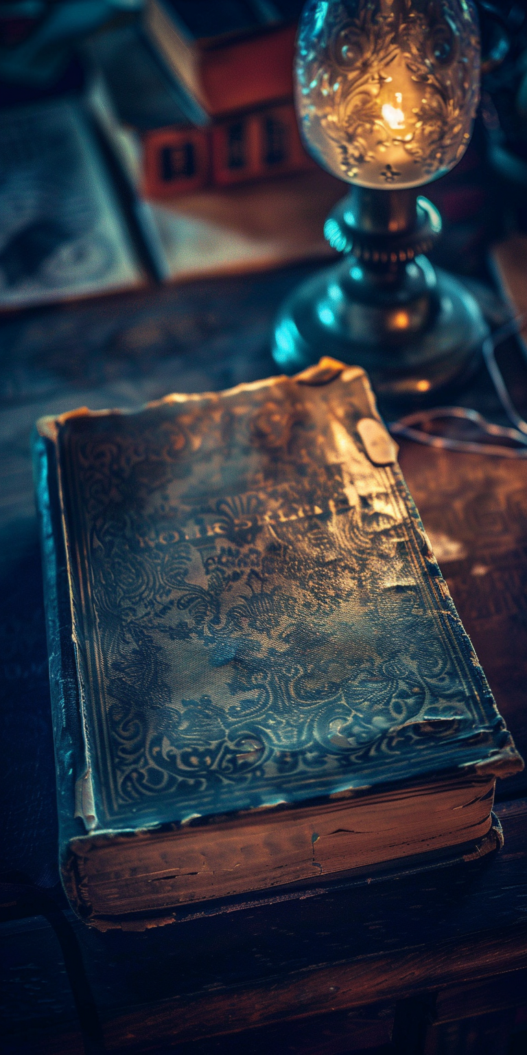 Close-up of antique book on desk with lamp.