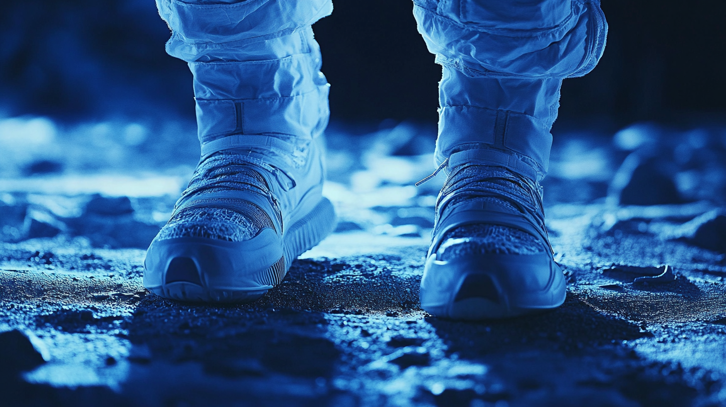 Close-up of astronaut's feet in Nike shoes.