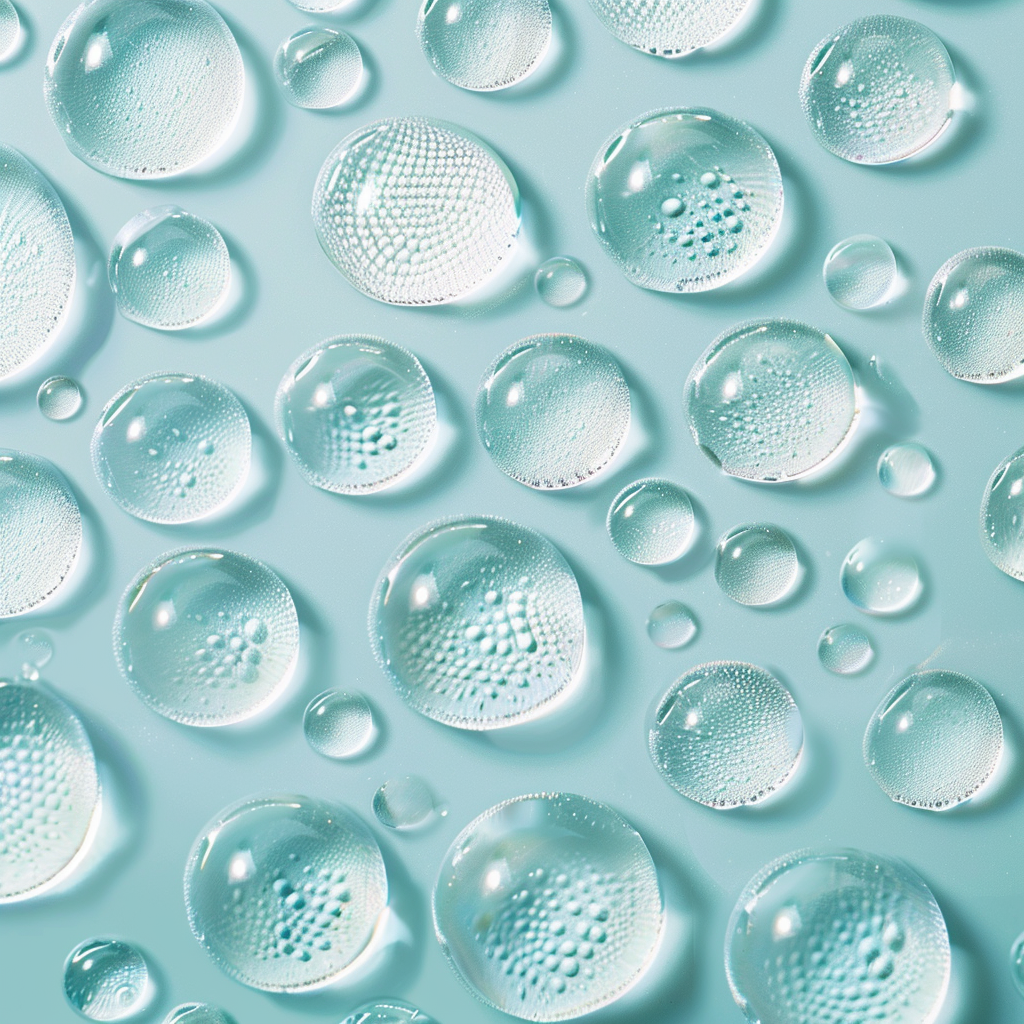 Close-up of detailed water droplets on light blue background.