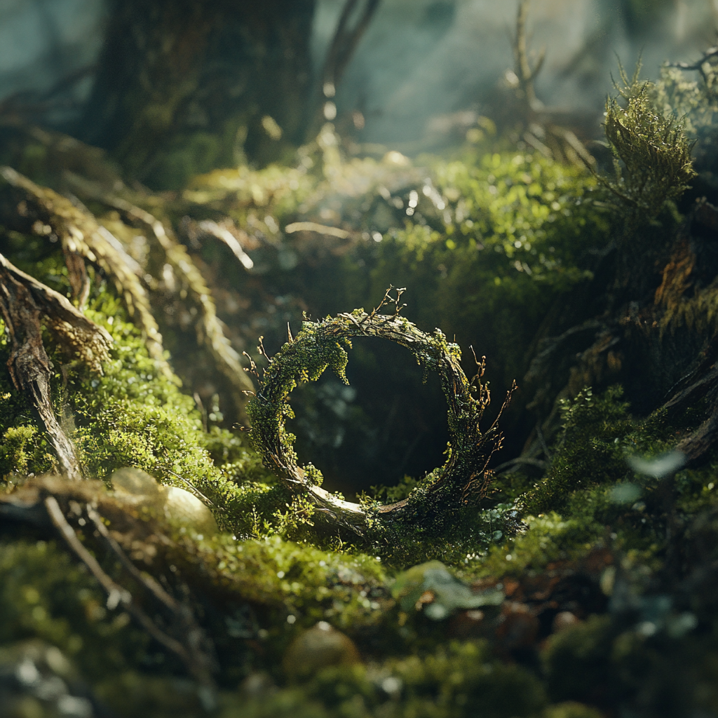 Close up of fantasy ring surrounded by moss and spotlights in studio.