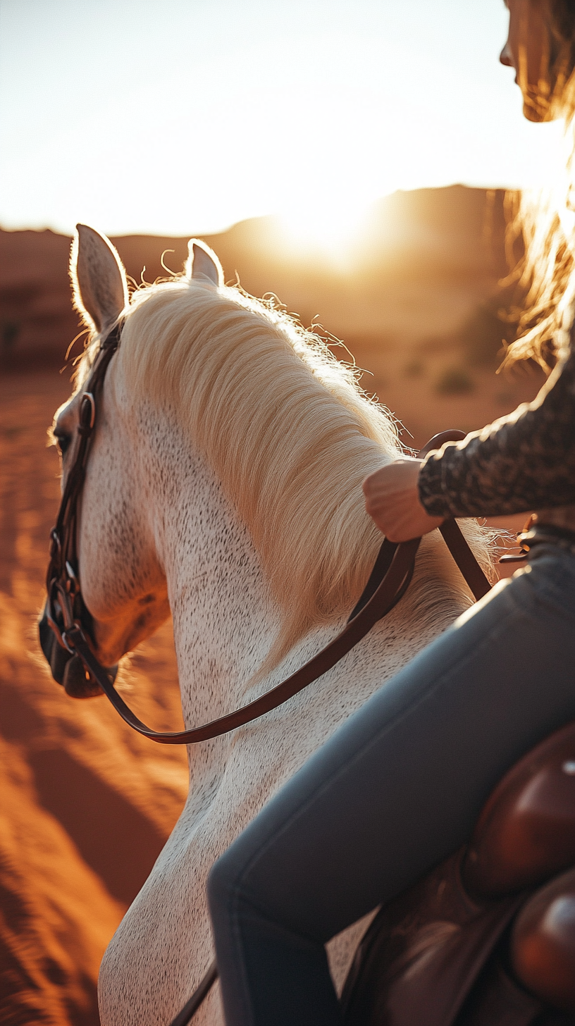 Close-up of female hands holding white horse's reigns.