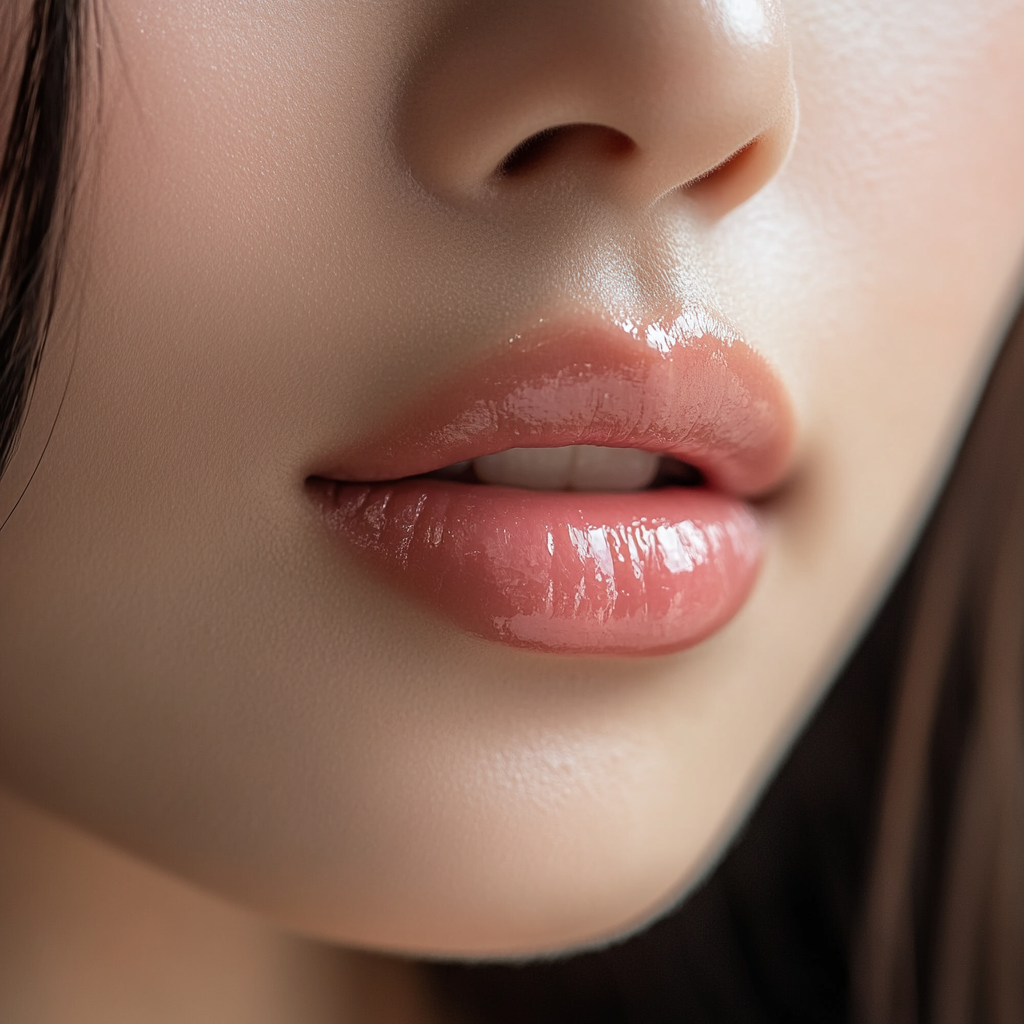 Close-up of glossy pink lips on Asian woman.