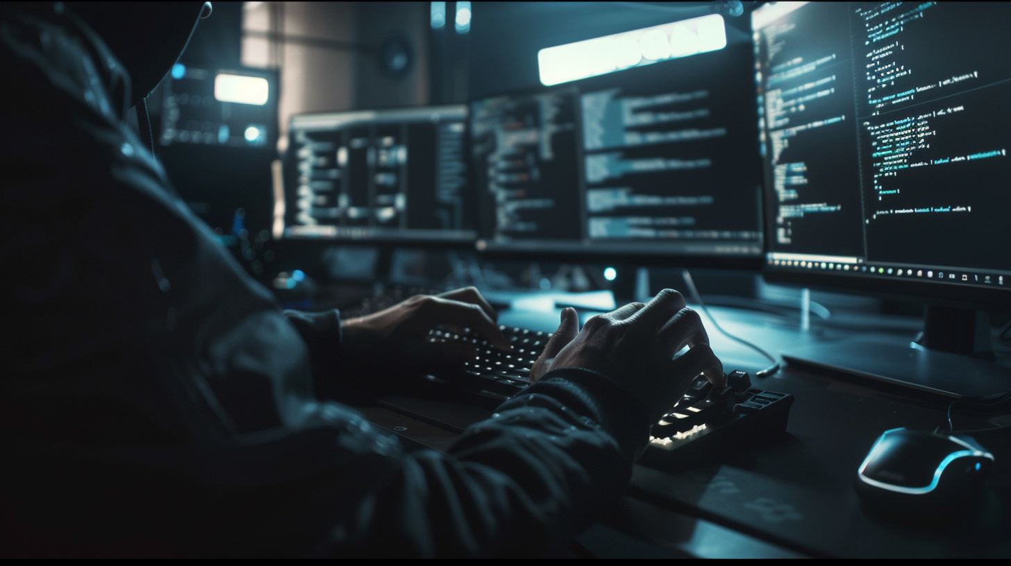 Close-up of hacker typing in dark office. Multiple screens.