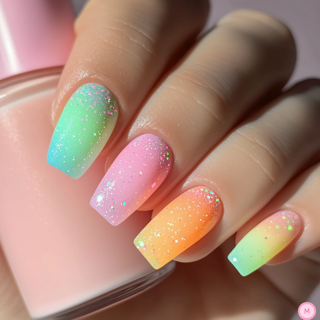 Close-up of hand with colorful, glittery nails and makeup.