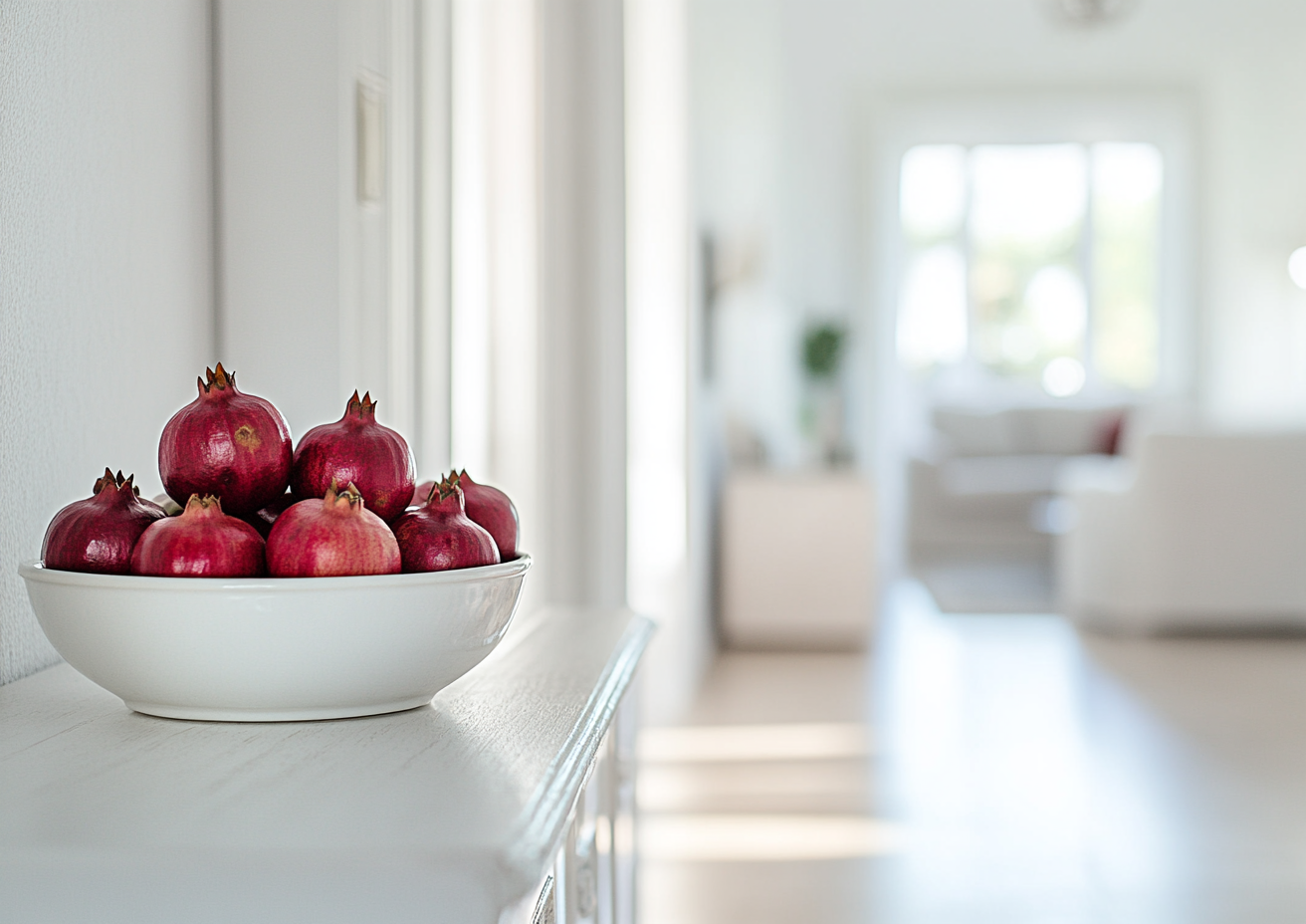 Close-up of narrow white dresser with fruit bowl.