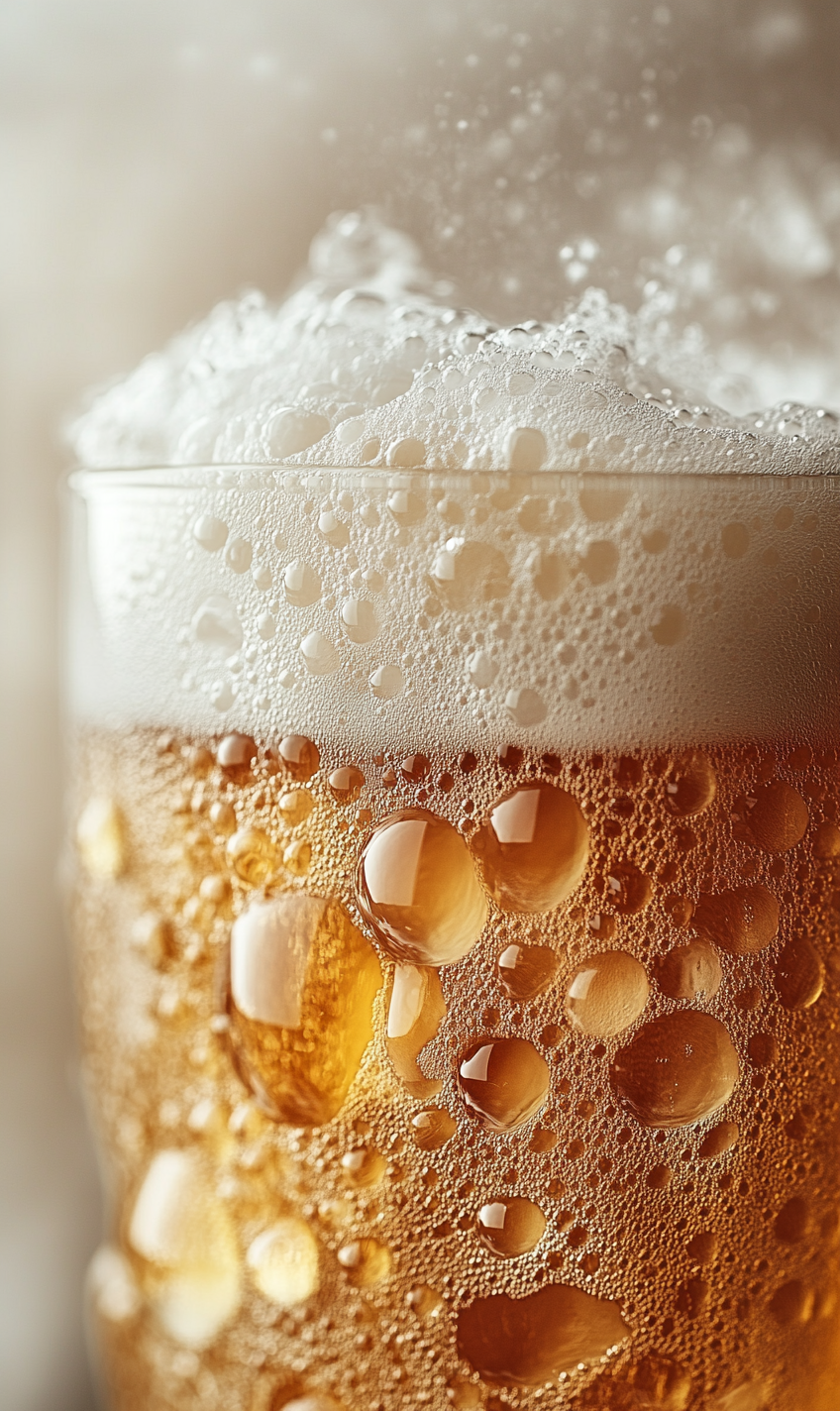 Close-up of pastel beer foam with water droplets.