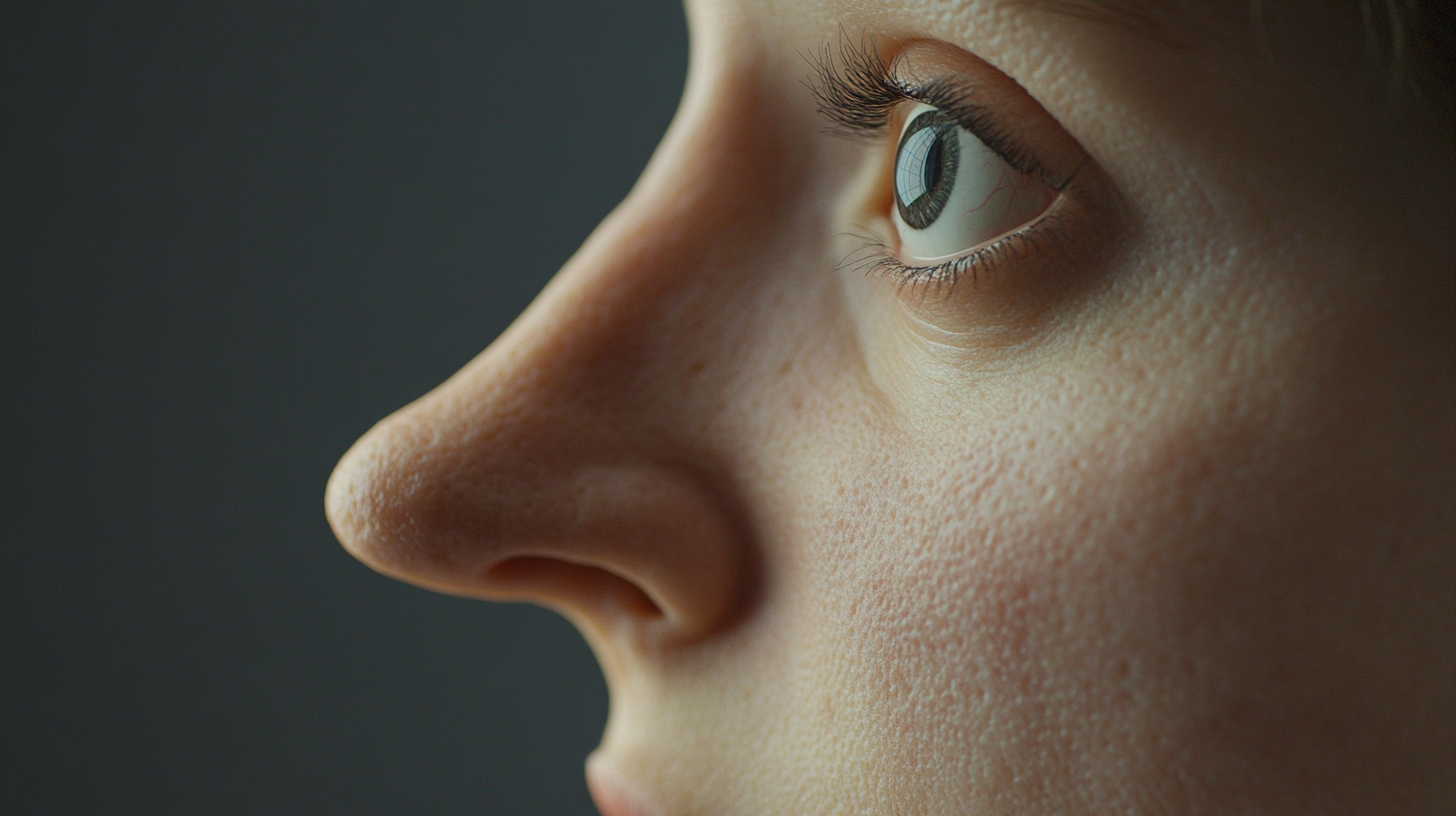 Close-up of person with unnaturally long nose, anxious expression.