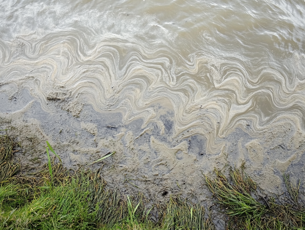 Close-up of river bank with calm water and grass.