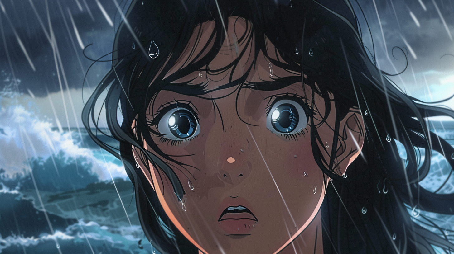 Close-up of sad Kim Kardashian as anime character.