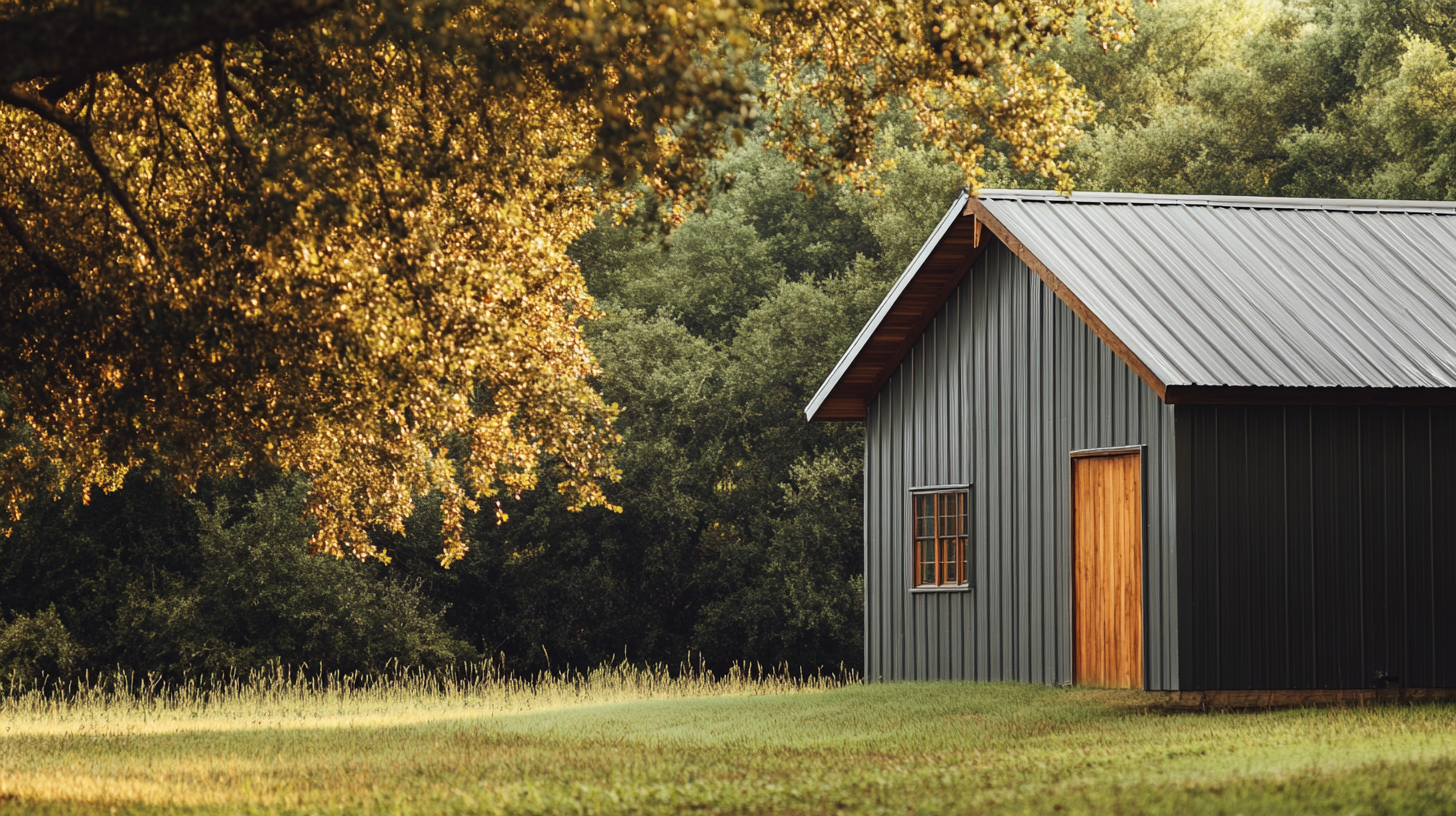 Close-up of small barndominium with metal siding, nature.