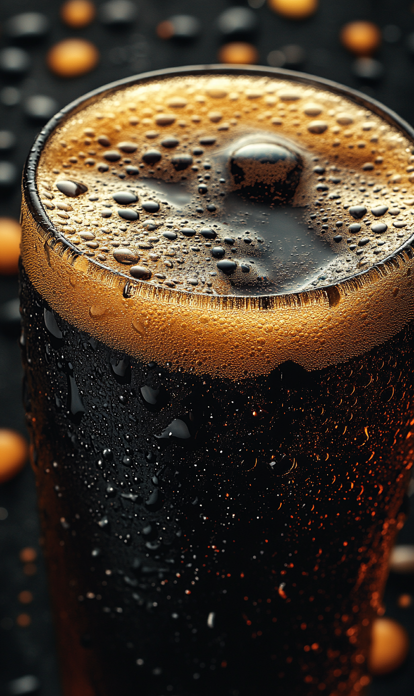 Close-up of thick black beer foam with water droplets.