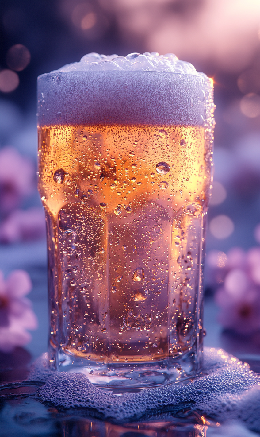 Close-up of thick white foam on beer glass.