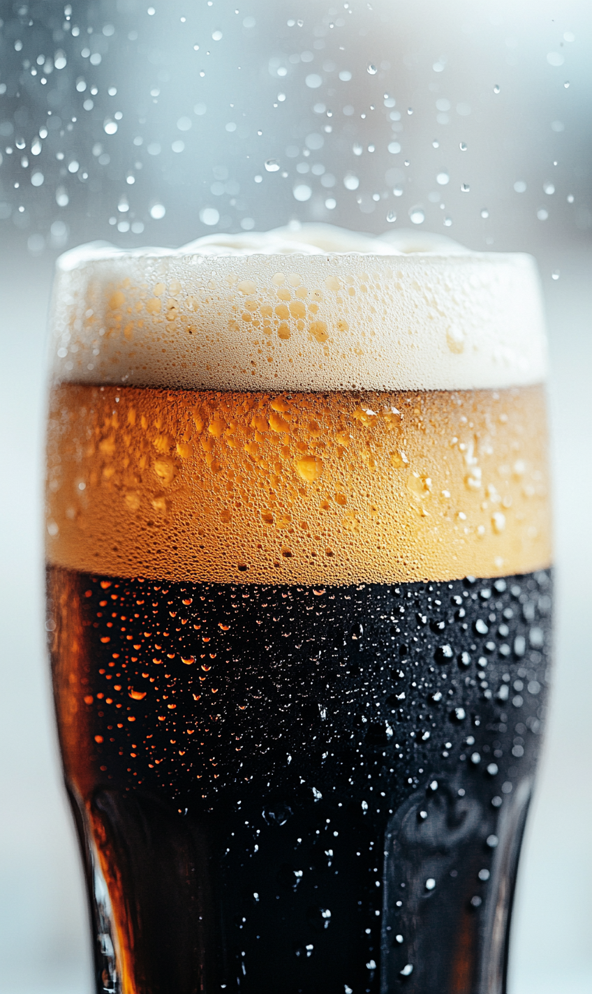 Close-up of thick white foam on black beer glass.