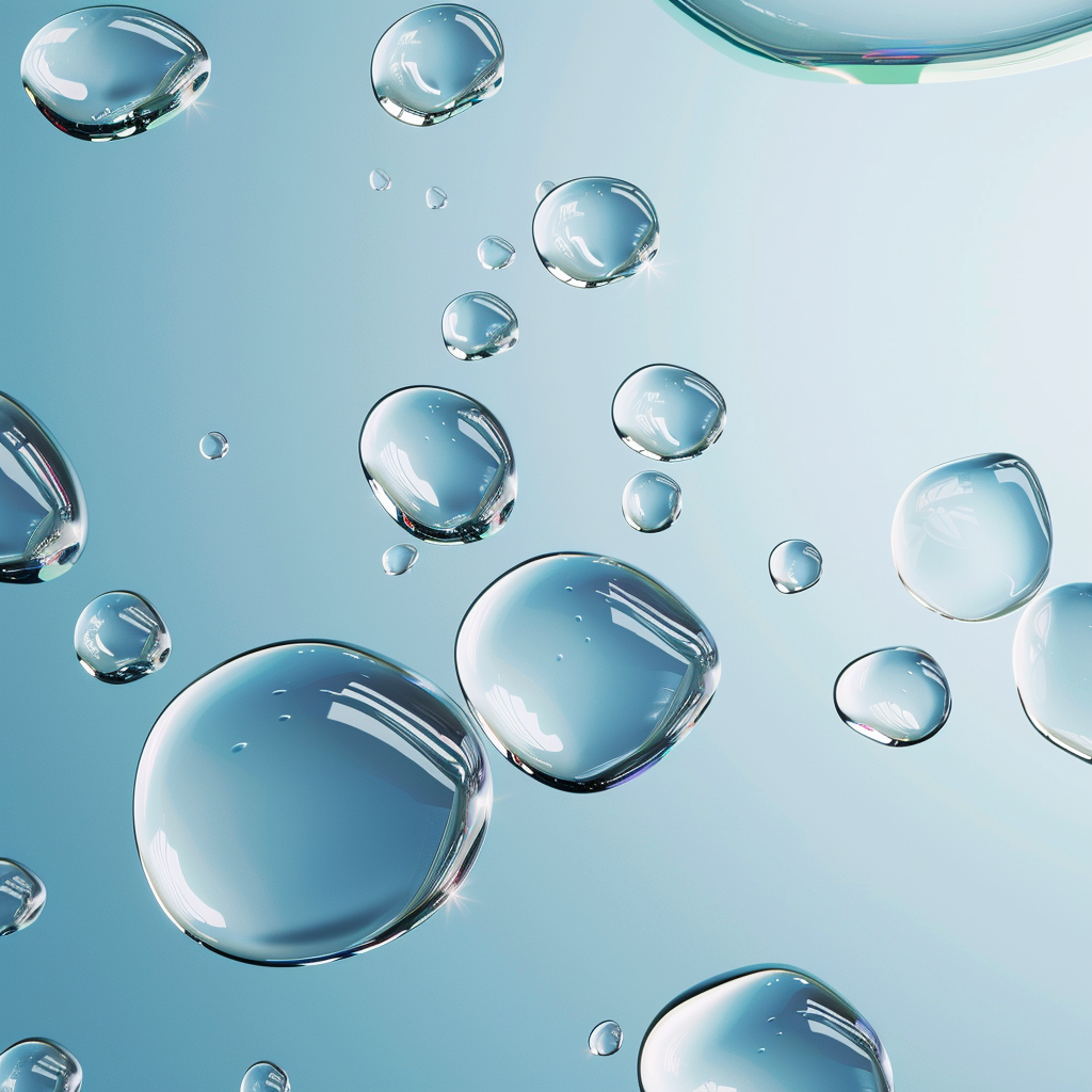 Close-up of transparent water droplets on blue background.