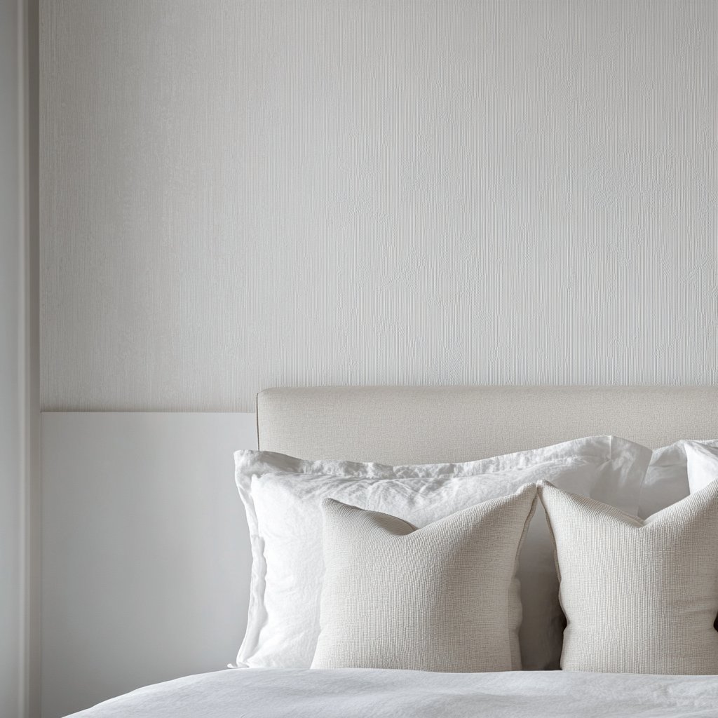 Close-up of white bedroom wall with wallpaper display area.