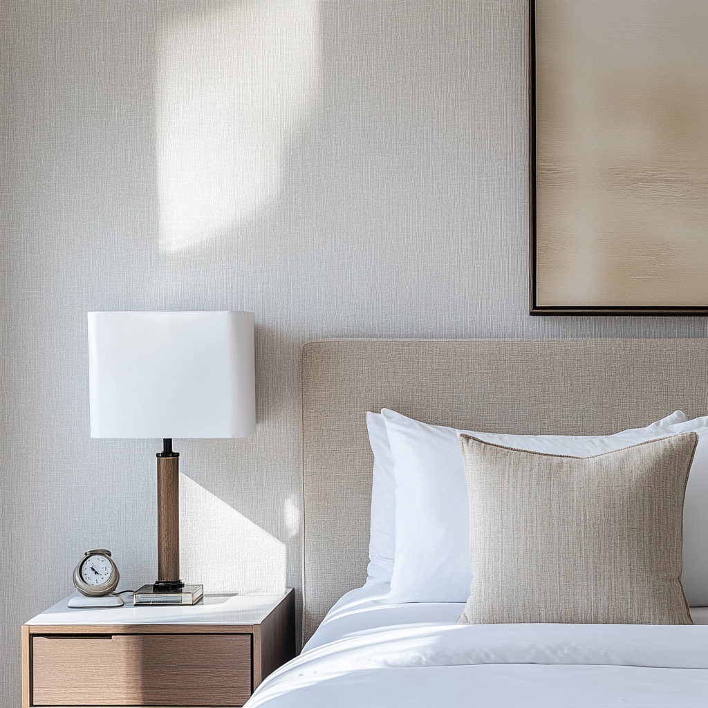 Close-up of white bedroom wall with wallpaper focus.