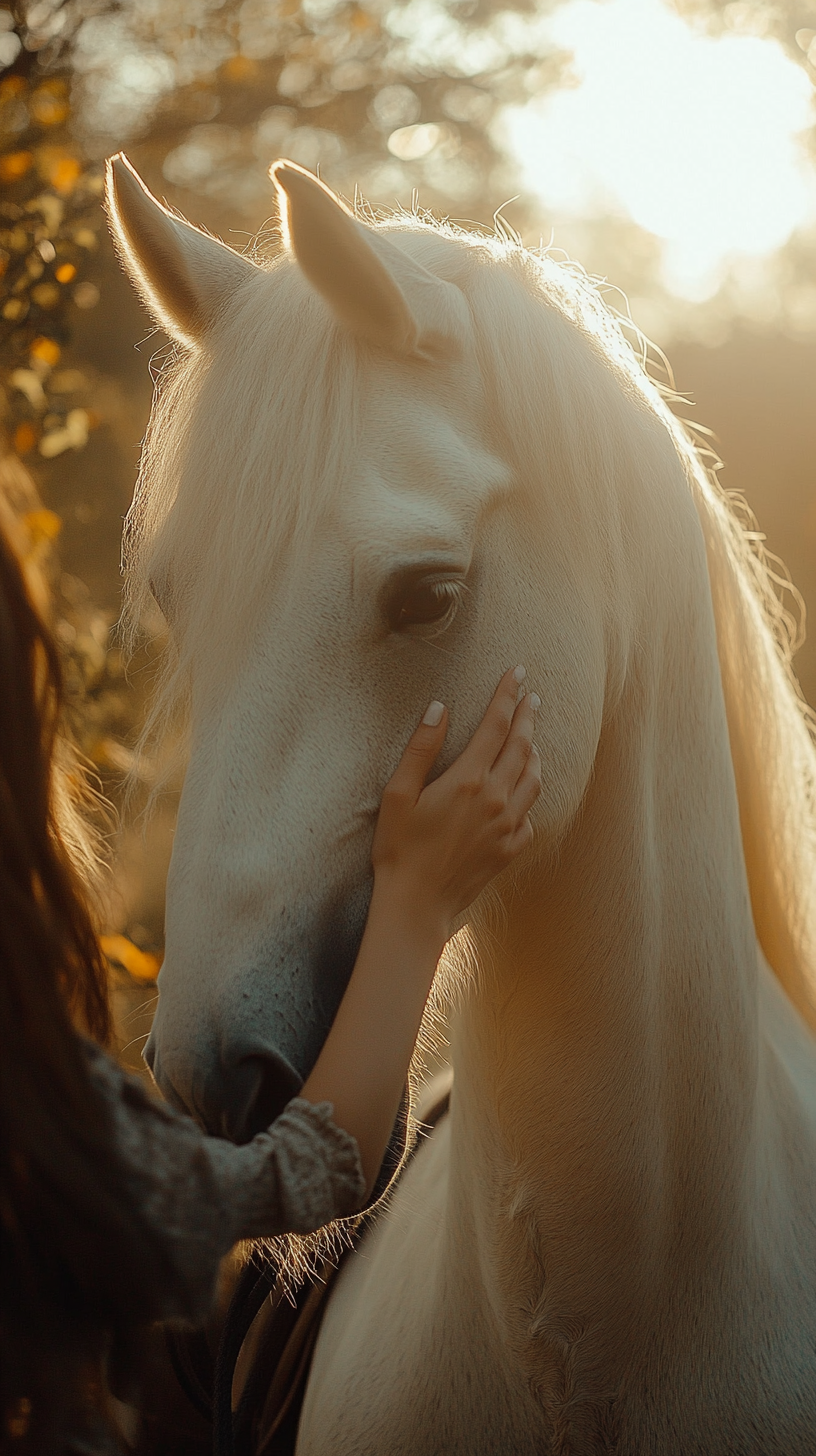 Close up of woman's hands holding white horse.