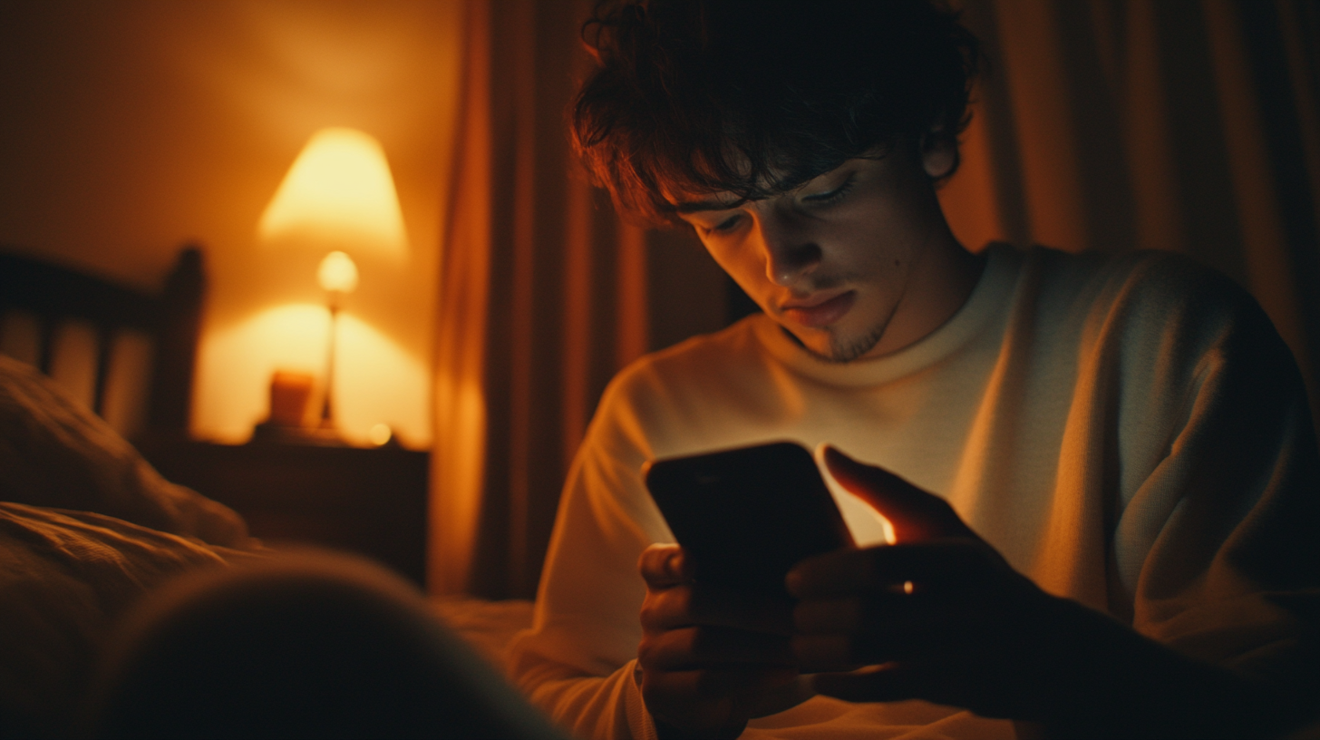 Close-up of young man's hands on cinematic phone screen.