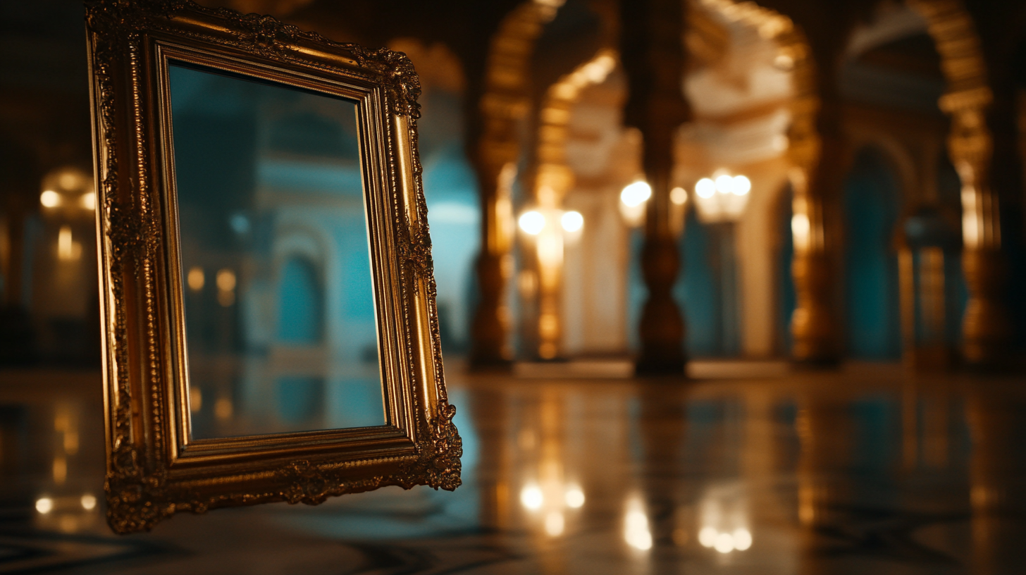 Close-up on floating mirror in golden palace at night.