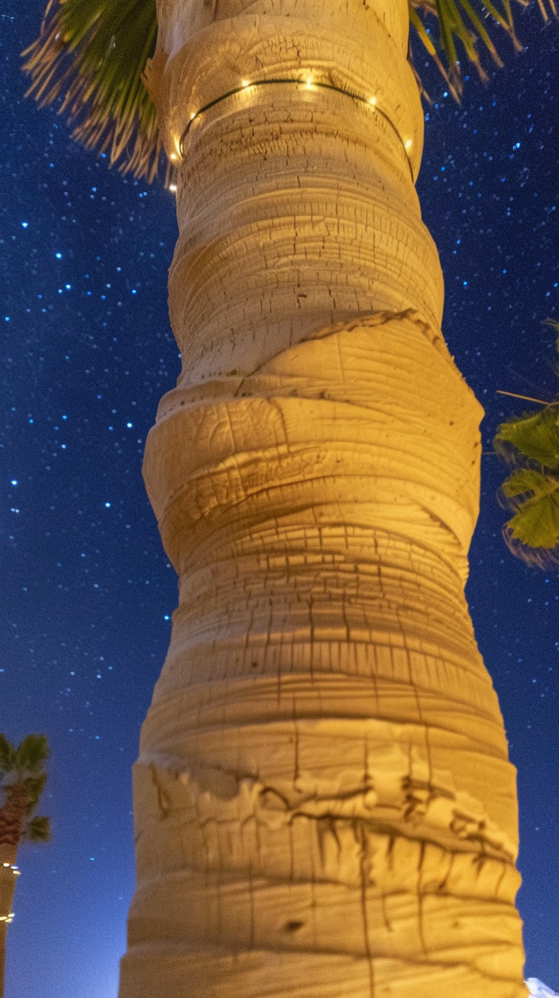 Close-up palm tree trunks with fairy lights, stars.