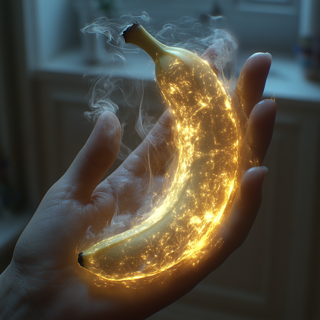 Close-up peeled banana in hand with glowing aura.