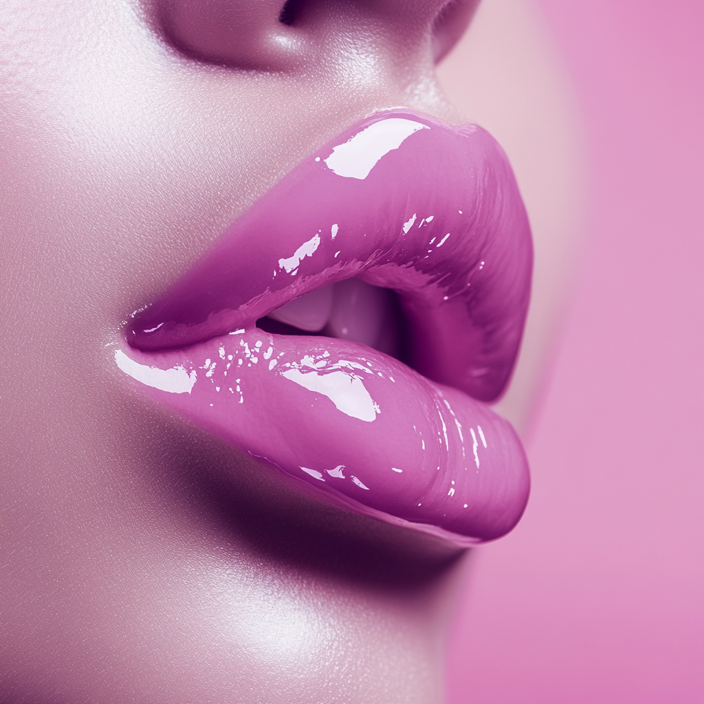 Close-up photo of Asian woman's pink lips, highly detailed.