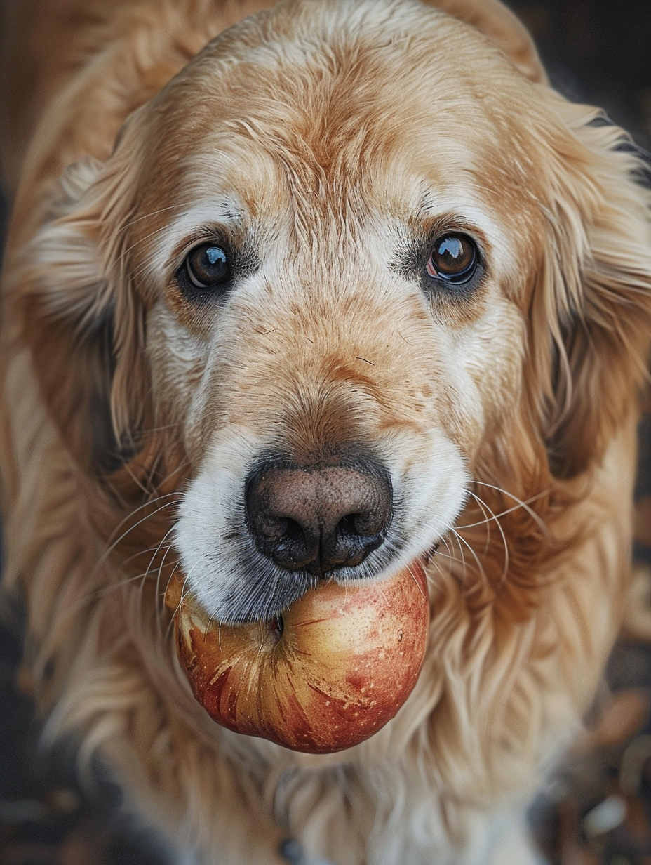 Close-up photo of golden retriever with apple.