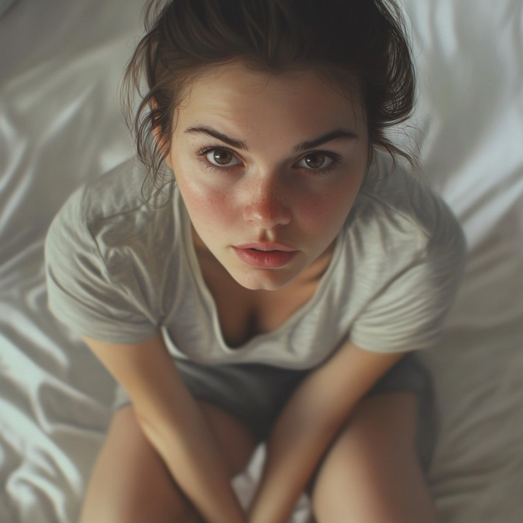 Close up photo of normal girl in French bedroom.