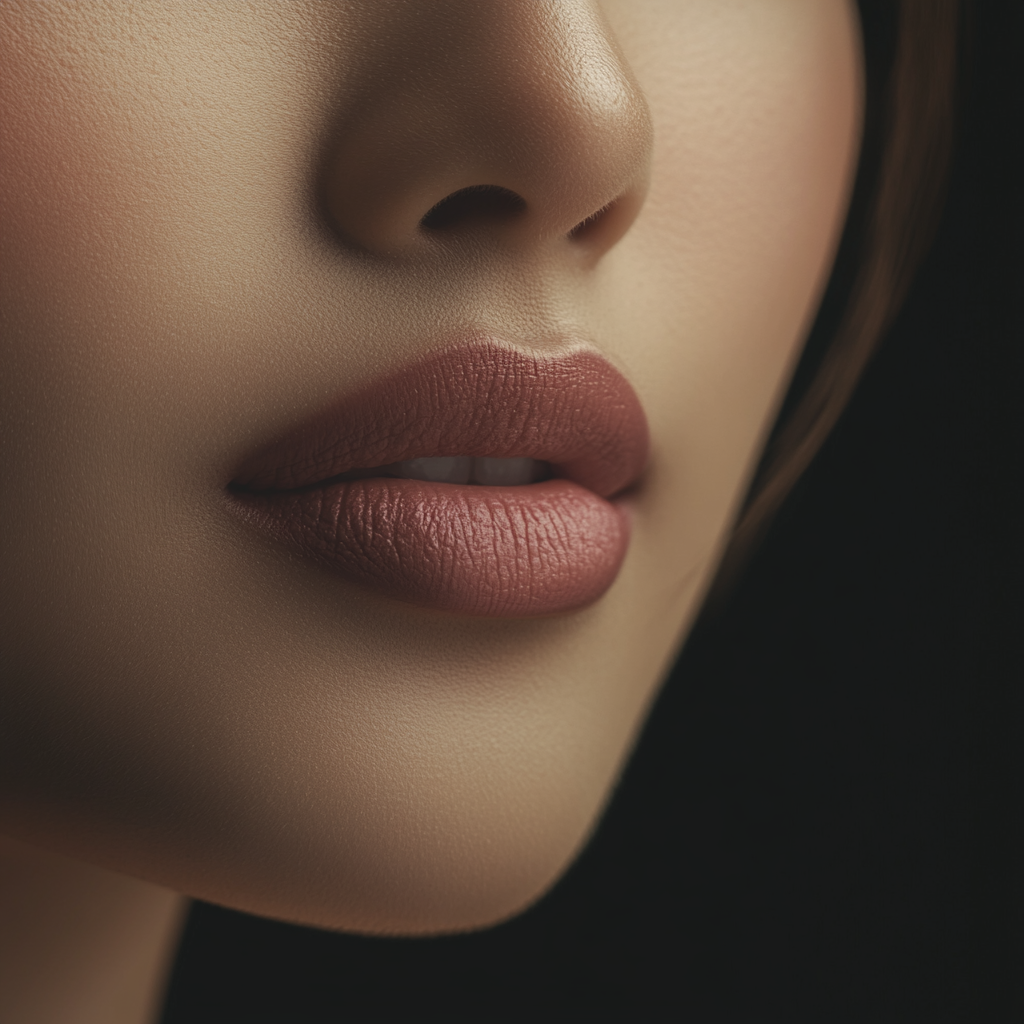 Close-up photo of plump pink lips, high quality.