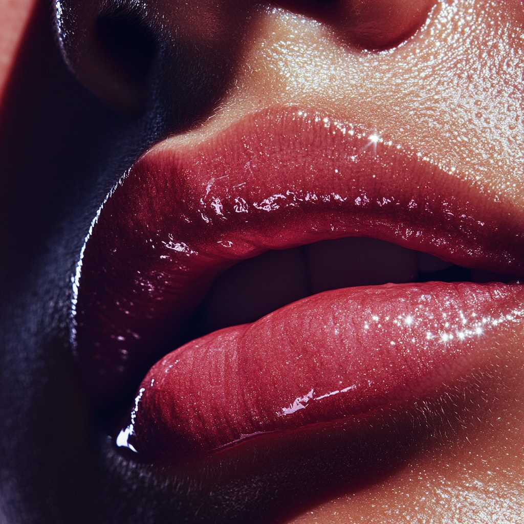 Close-up photo of woman's pink glossy lips. Intricate detail, high-definition.