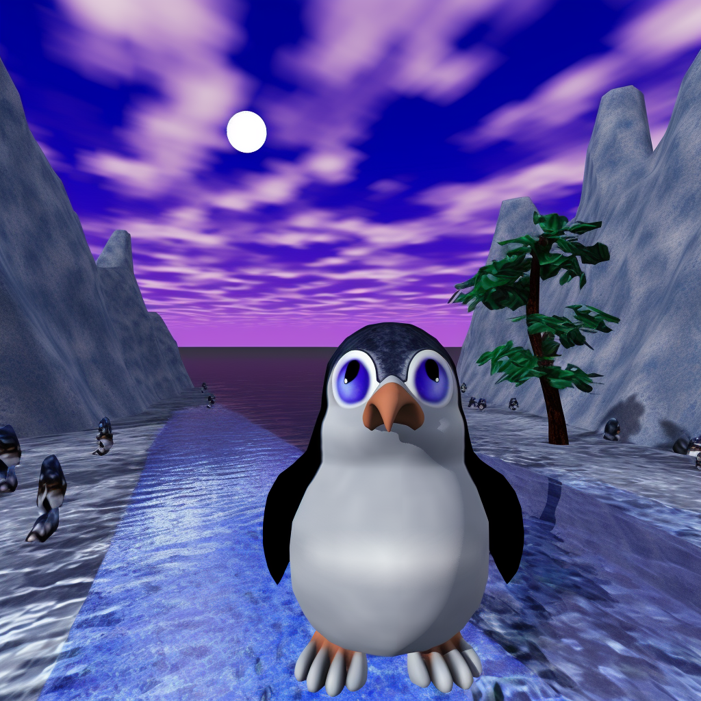 Close-up pixelated glitchart of cute penguin. PS1, GameCube.