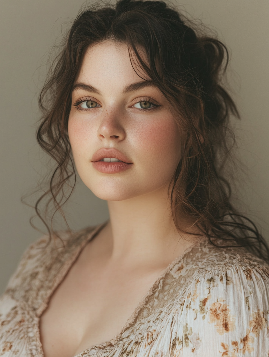 Close-up portrait of 28-year-old stylish woman in studio.