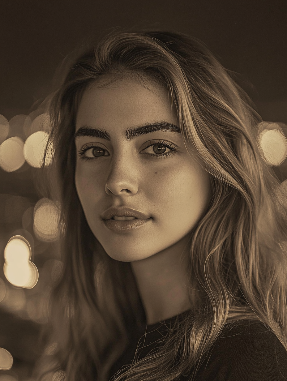 Close-up portrait of 28-year-old woman in sepia tones 