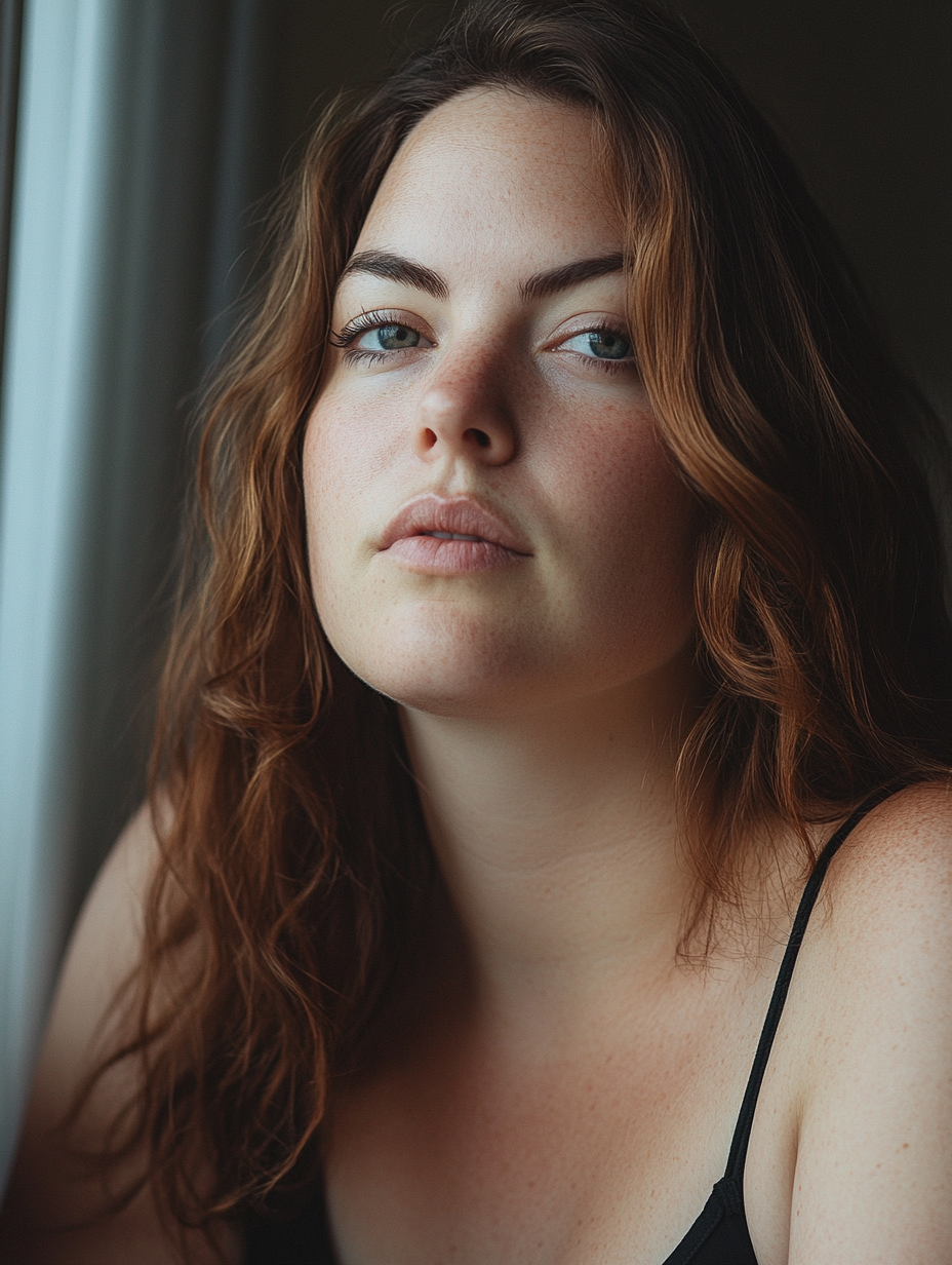 Close-up portrait of 28-year-old woman indoors gazes calmly