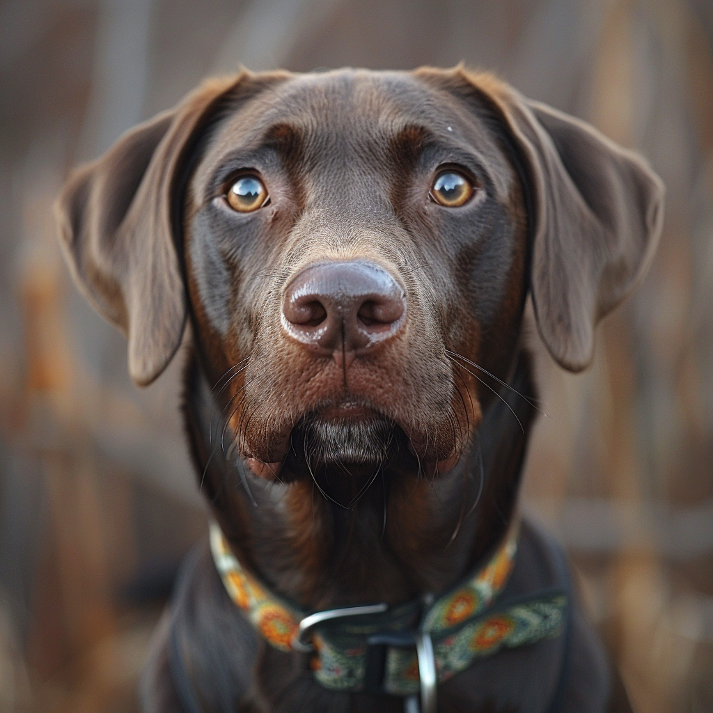 Close-up portrait of German Shorthaired Pointer wearing a green collar.