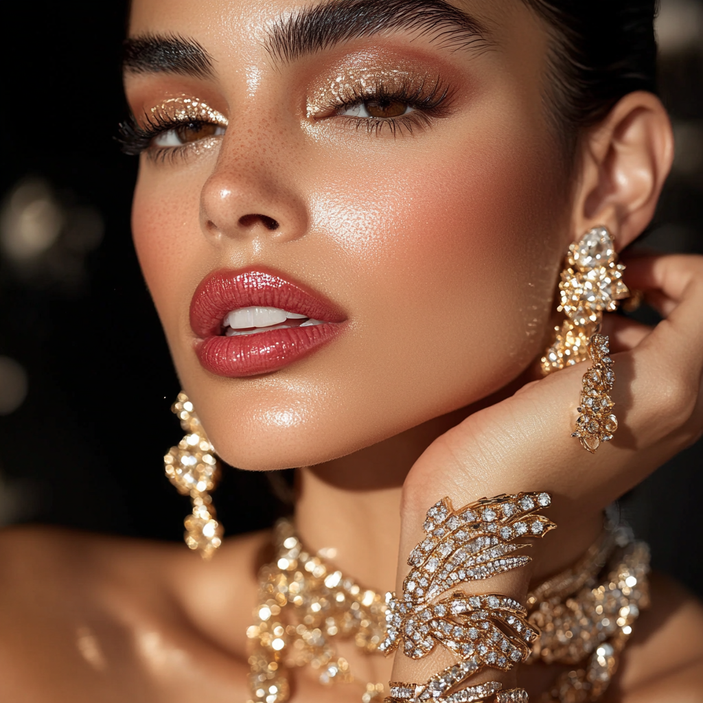 Close-up portrait of elegant Latina in luxurious setting.