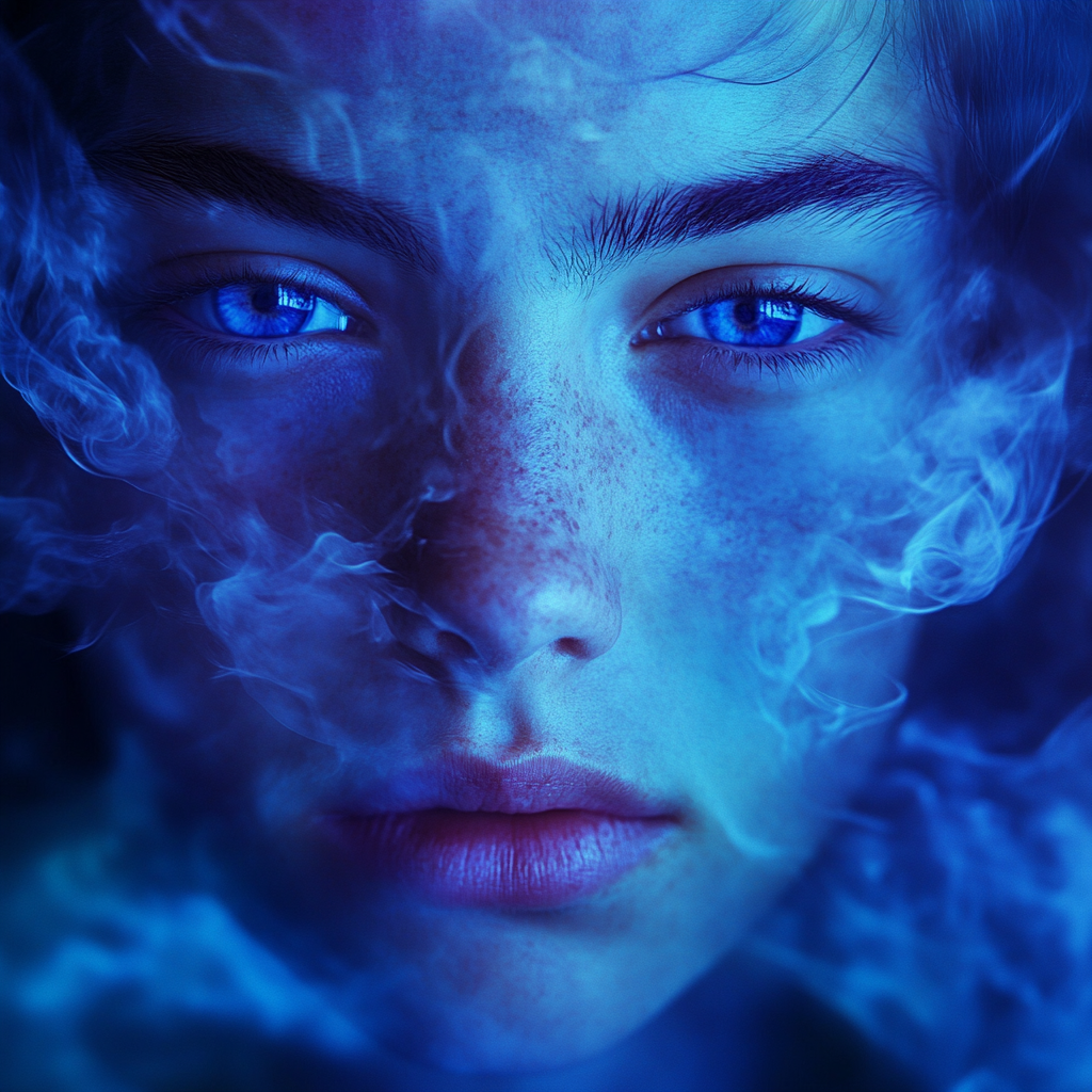 Close-up portrait with captivating blue eyes reflecting emotion.