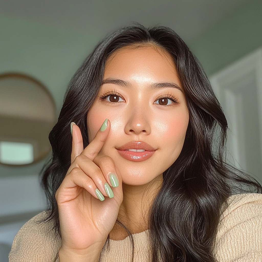 Close-up selfie of Asian woman showing new nails.