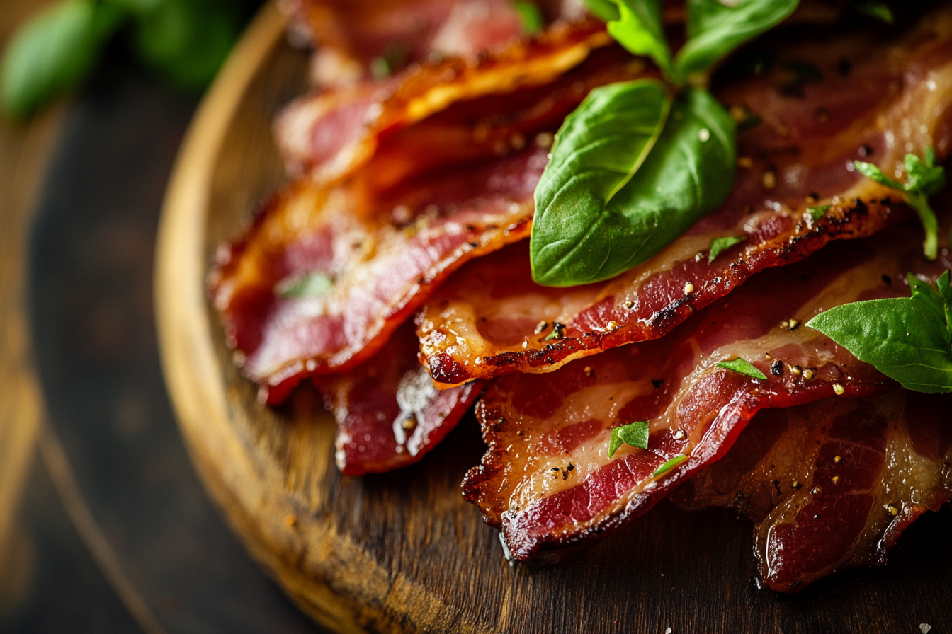 Close-up shot of bacon, tempting, luxurious, elegant.