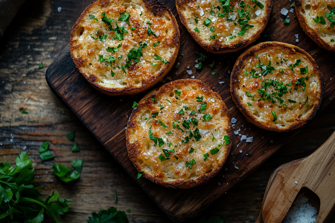 Close-up shot of garlic bread looking tempting. Luxurious composition.