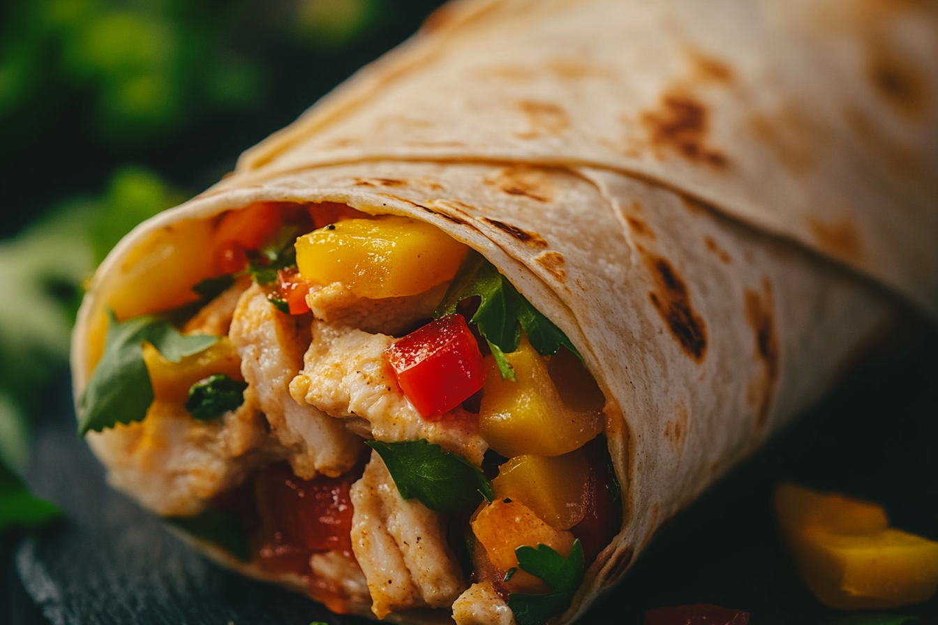 Close-up shot of luxurious tortilla wrap, tempting view.