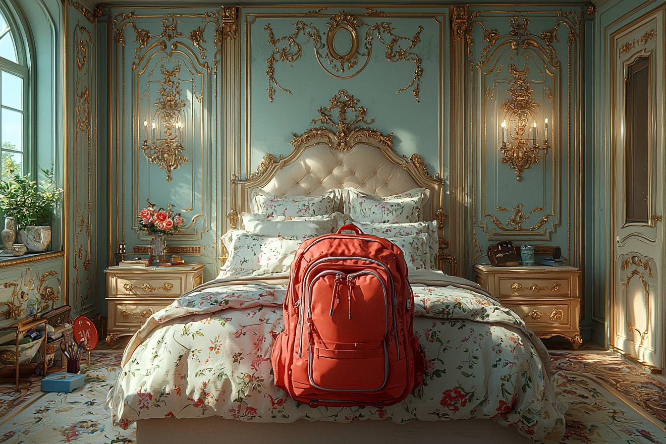 Close up shot of red backpack in princess bedroom.