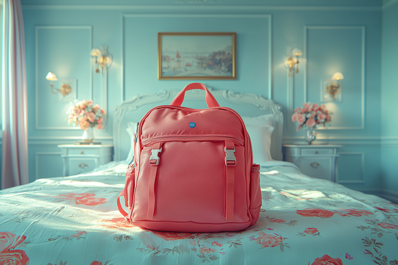 Close-up shot of red backpack on clean bed.