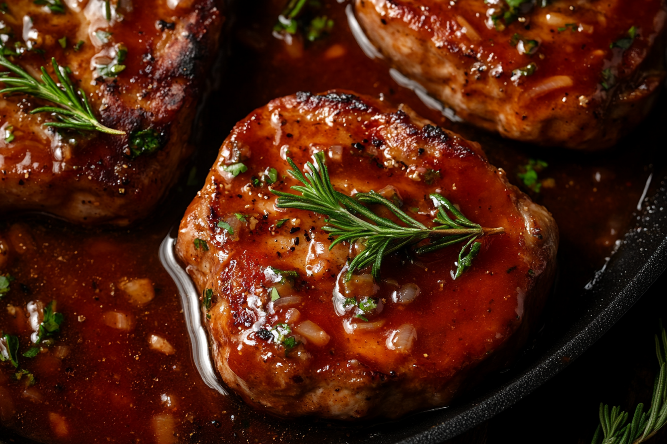 Close-up shot of smothered pork chops, luxurious lighting.