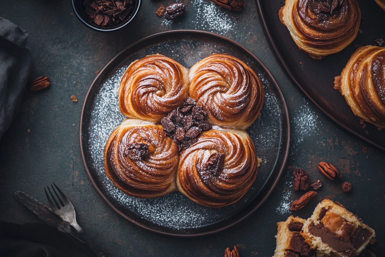 Close-up shot of tempting Caramilk Danish, luxurious lighting.