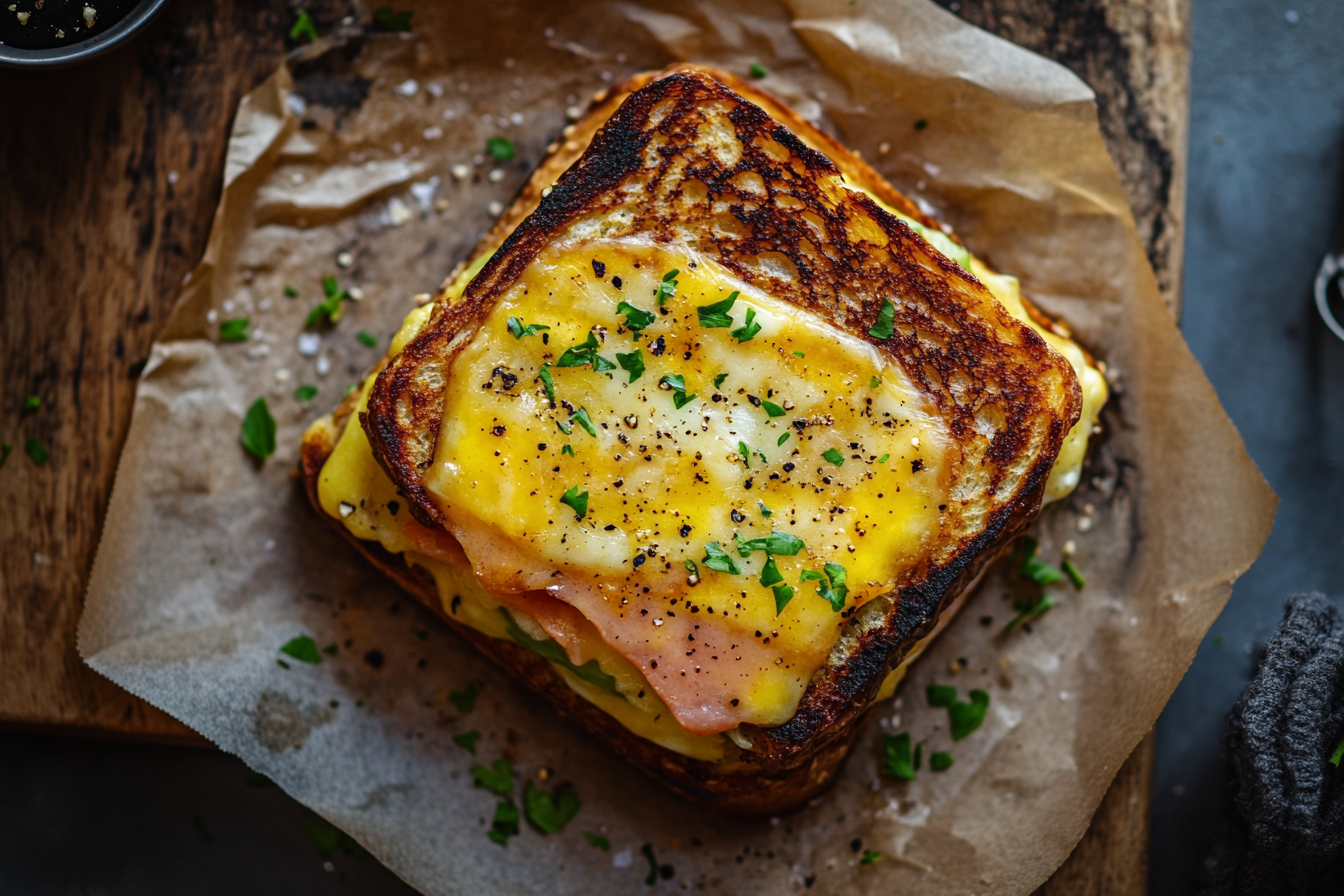 Close-up shot of tempting Hawaiian toastie with luxurious lighting.