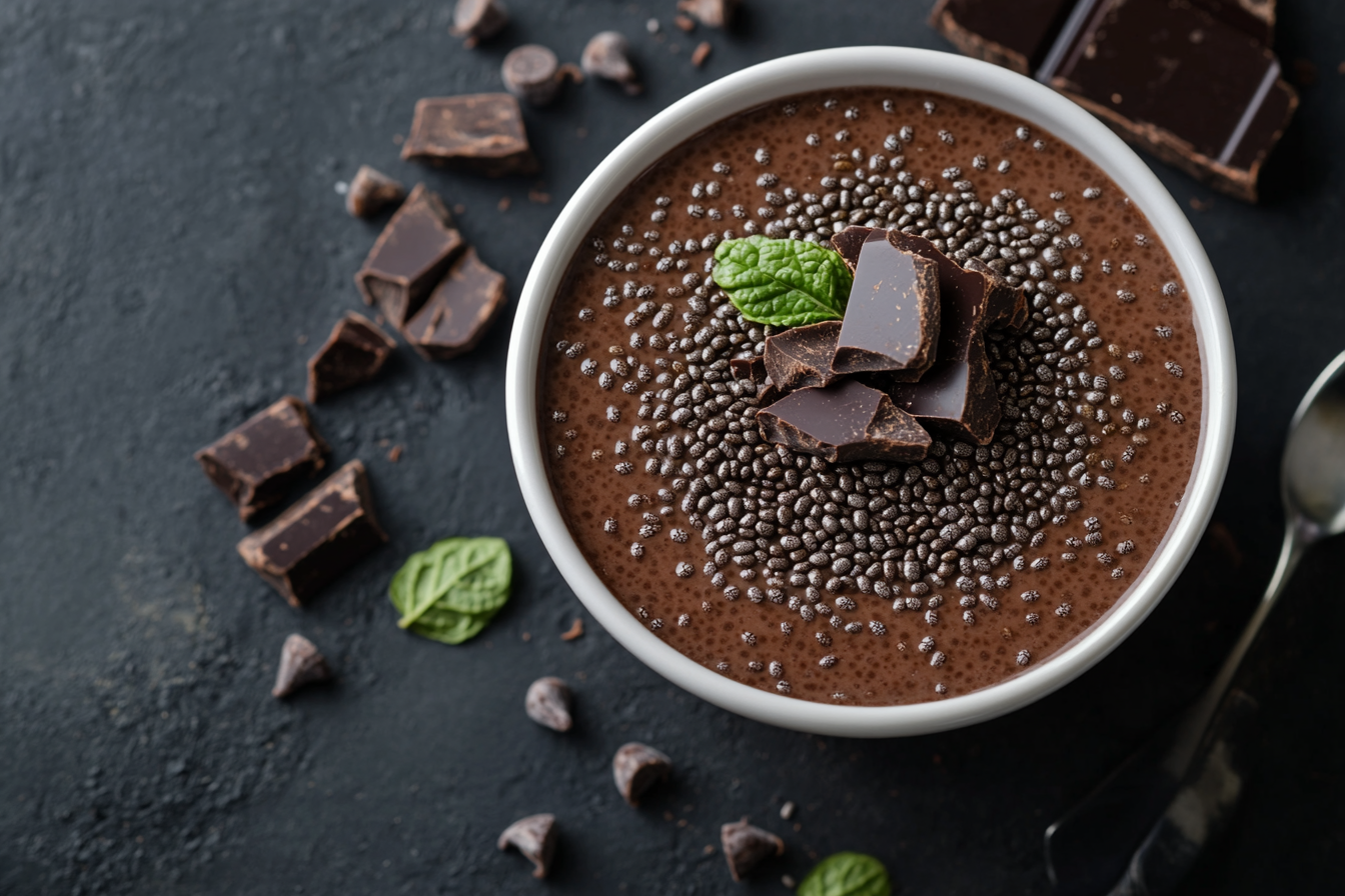 Close-up shot of tempting chocolate chia pudding. Luxurious, mouth-watering.