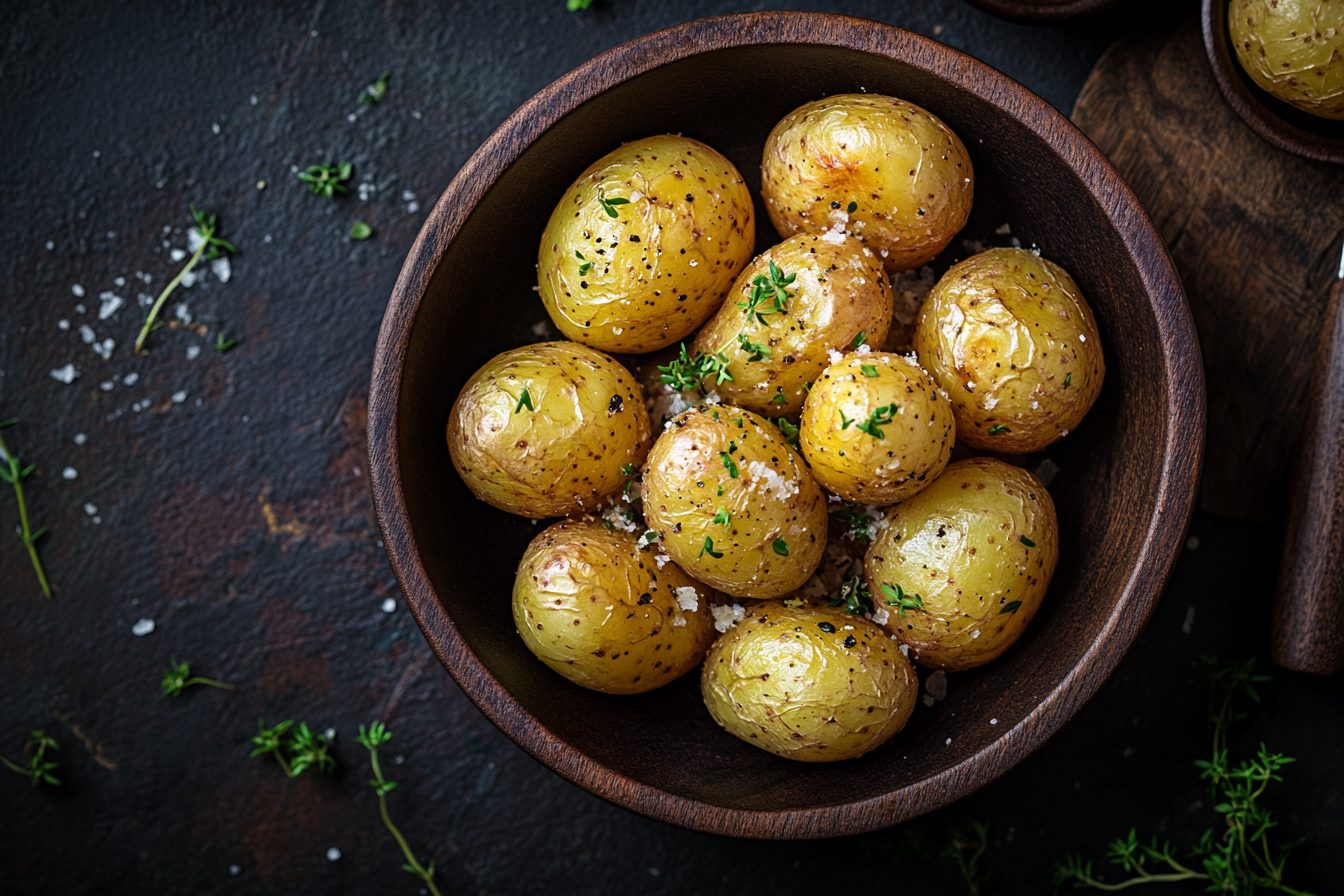 Close-up shot of tempting crispy potatoes, luxurious, elegant.