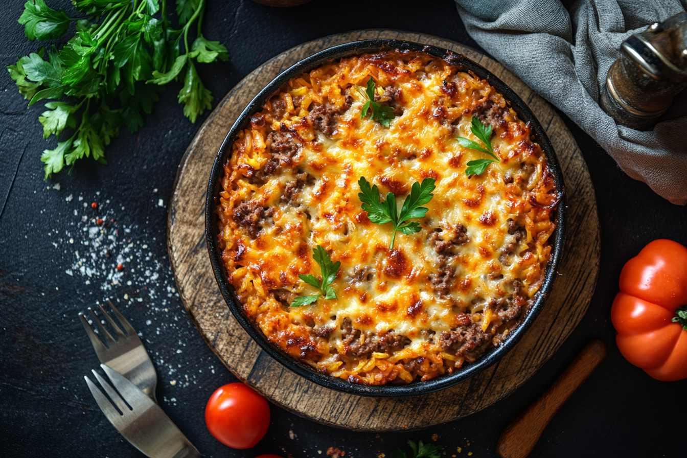 Close-up shot of tempting hamburger rice casserole.